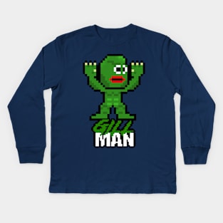 Slasher Man Retro 8-Bit Horror Gaming: Gill Man! Kids Long Sleeve T-Shirt